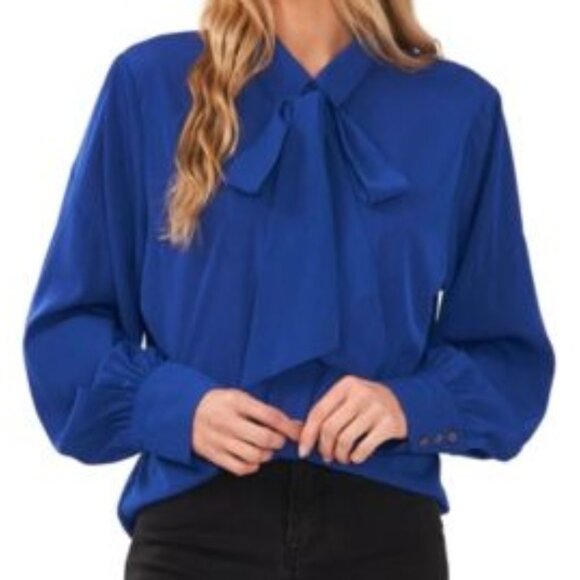 CeCe Womens Button-Up Bow Blouse Top Rich Black M NWT - Picture 3 of 3
